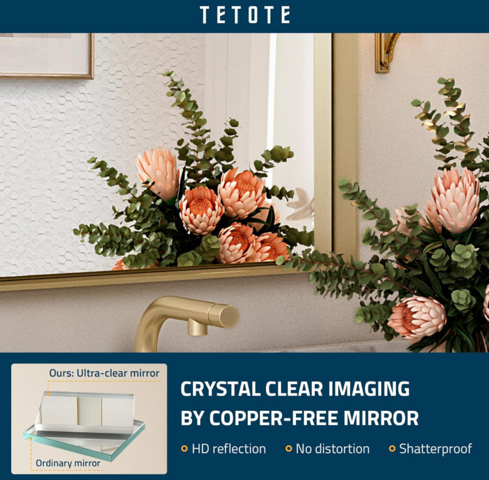 TETOTE Brushed Champagne Gold Bathroom Mirror 24x36 Inch Metal Frame For Modern Farmhouse Bathrooms