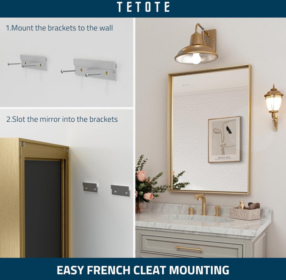 TETOTE Brushed Champagne Gold Bathroom Mirror 24x36 Inch Metal Frame For Modern Farmhouse Bathrooms