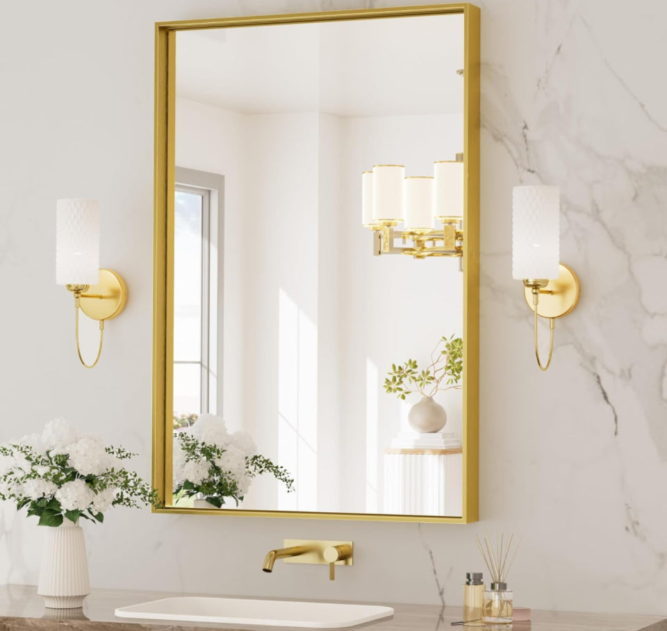 TETOTE Brushed Champagne Gold Bathroom Mirror 24x36 Inch Metal Frame For Modern Farmhouse Bathrooms