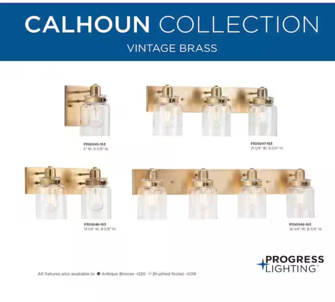 Progress Lighting Calhoun Vanity Light 4 Light Gold Vintage Brass With Clear Glass For Modern Farmhouse Bathrooms