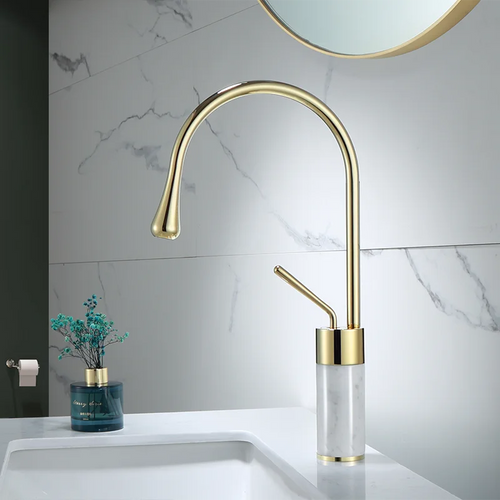 DecorBites Brushed Gold Brass Marble Bathroom Sink Faucet With Elegant Marble Accents For Luxury Homes