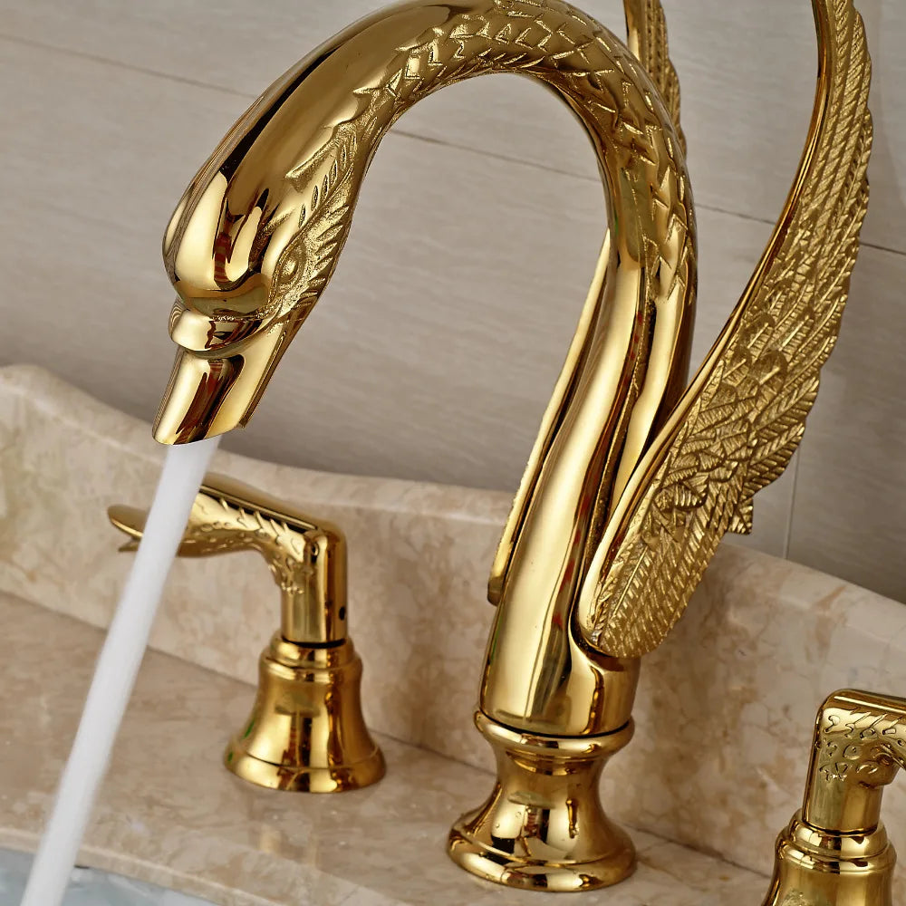 DecorBites™ Golden Swan Dual Handle Bathroom Faucet, Luxury Gold Finish Basin Tap