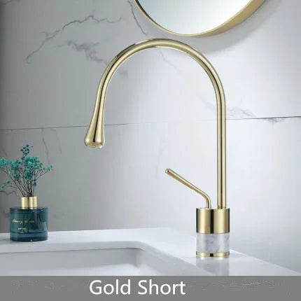 DecorBites™ Brushed Gold Brass & Marble Bathroom Sink Faucet