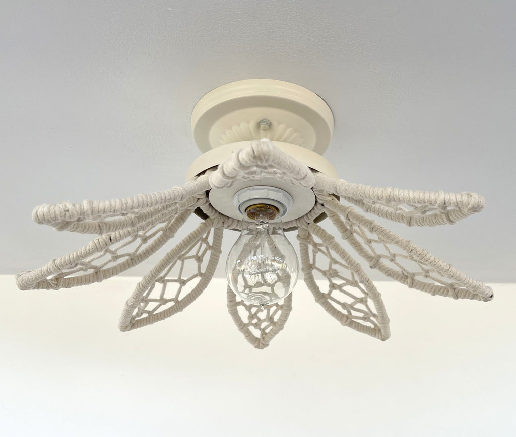 Ivory Natural Floral Ceiling Light Fixture Boho Jute Flush Mount For Living Rooms