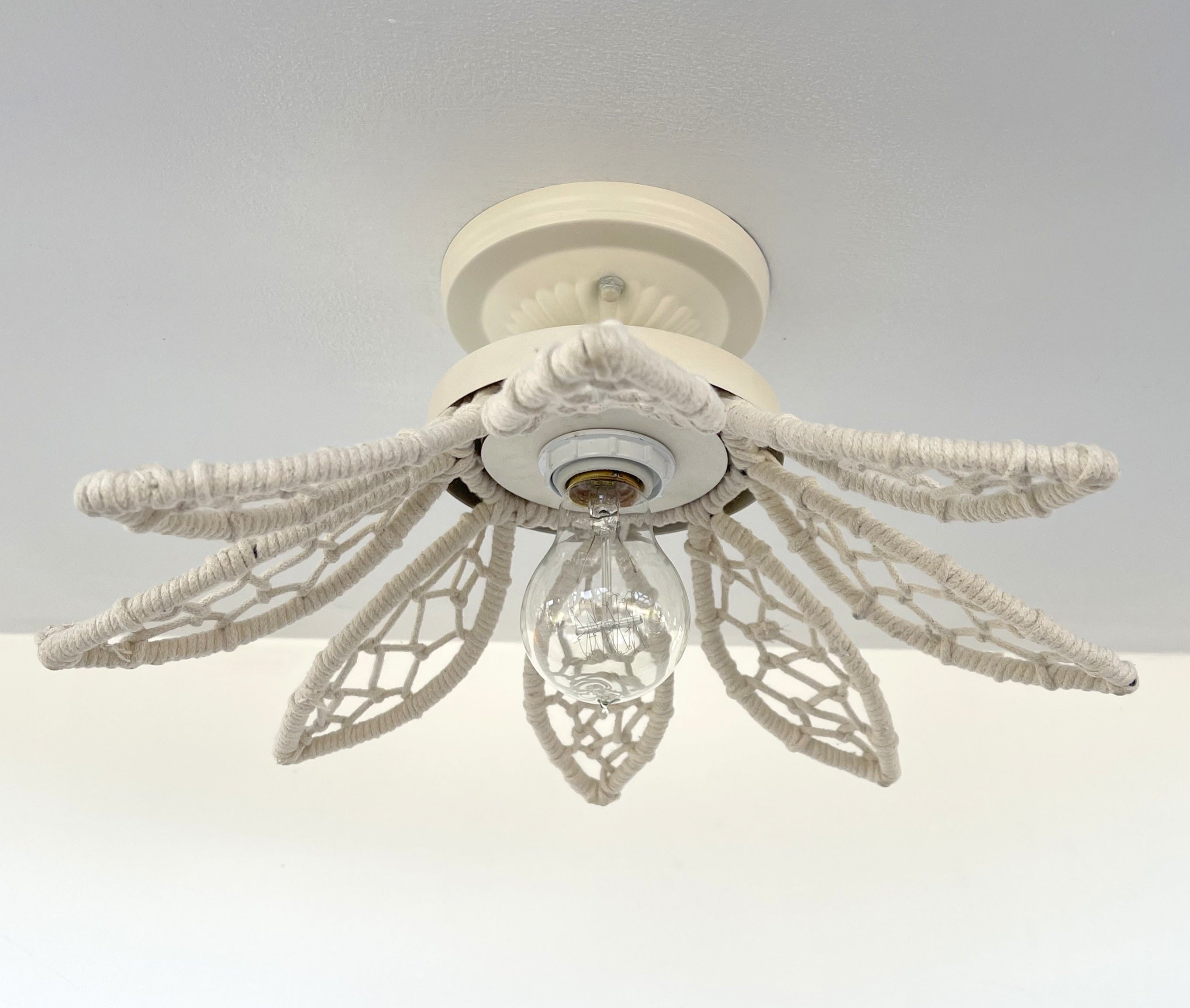 Ivory Natural Floral Ceiling Light Fixture Boho Jute Flush Mount For Living Rooms