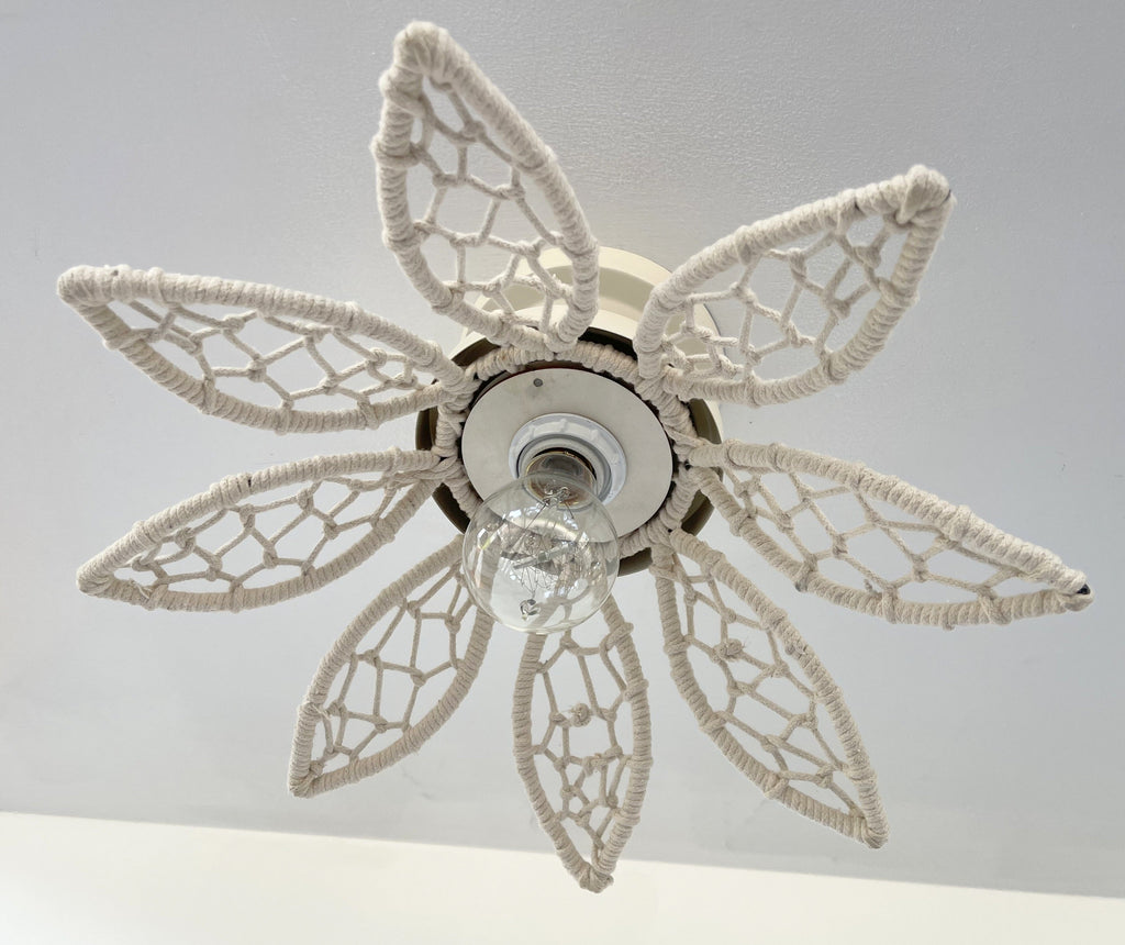 Ivory Natural Floral Ceiling Light Fixture Boho Jute Flush Mount For Living Rooms