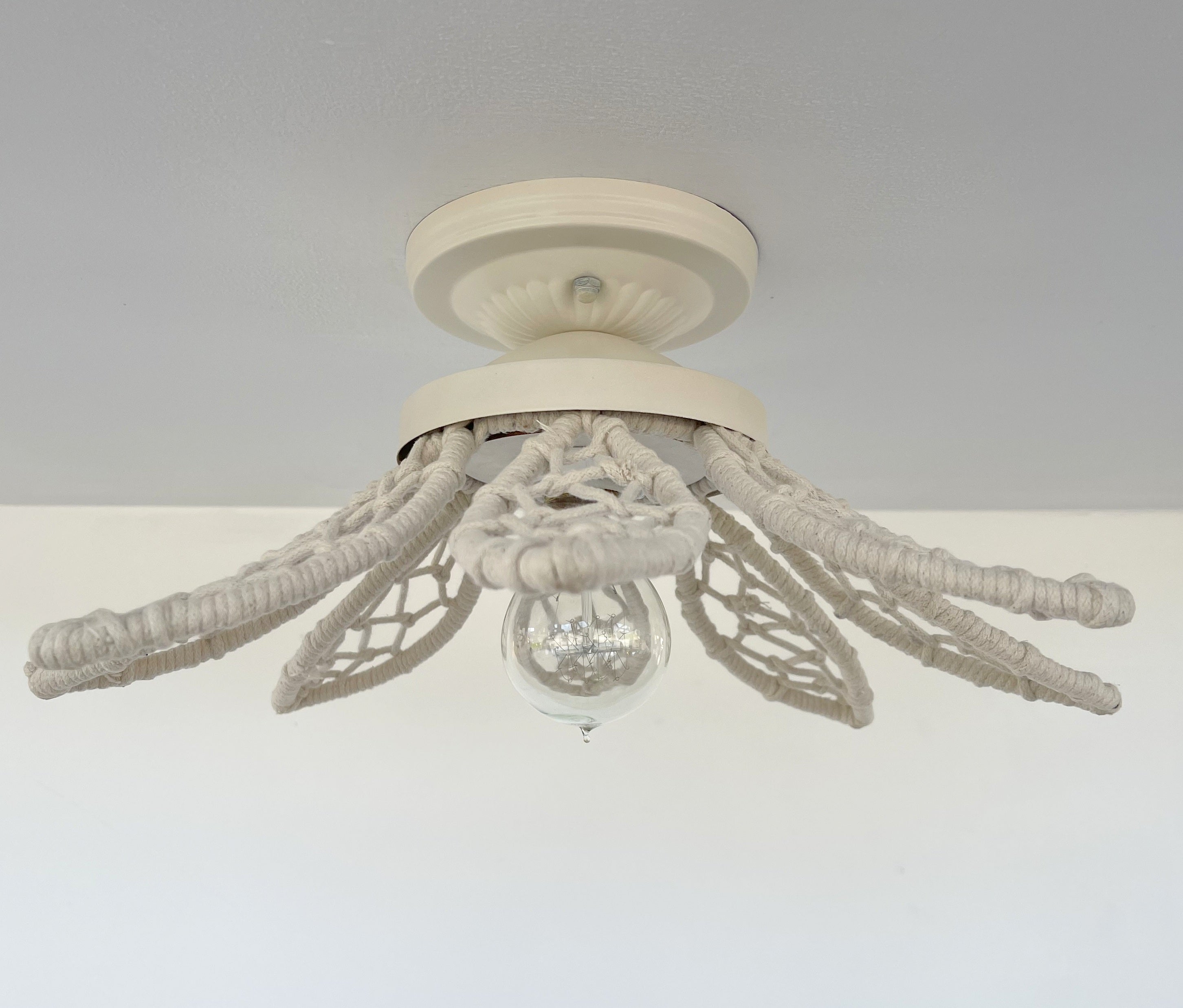 Ivory Natural Floral Ceiling Light Fixture Boho Jute Flush Mount For Living Rooms