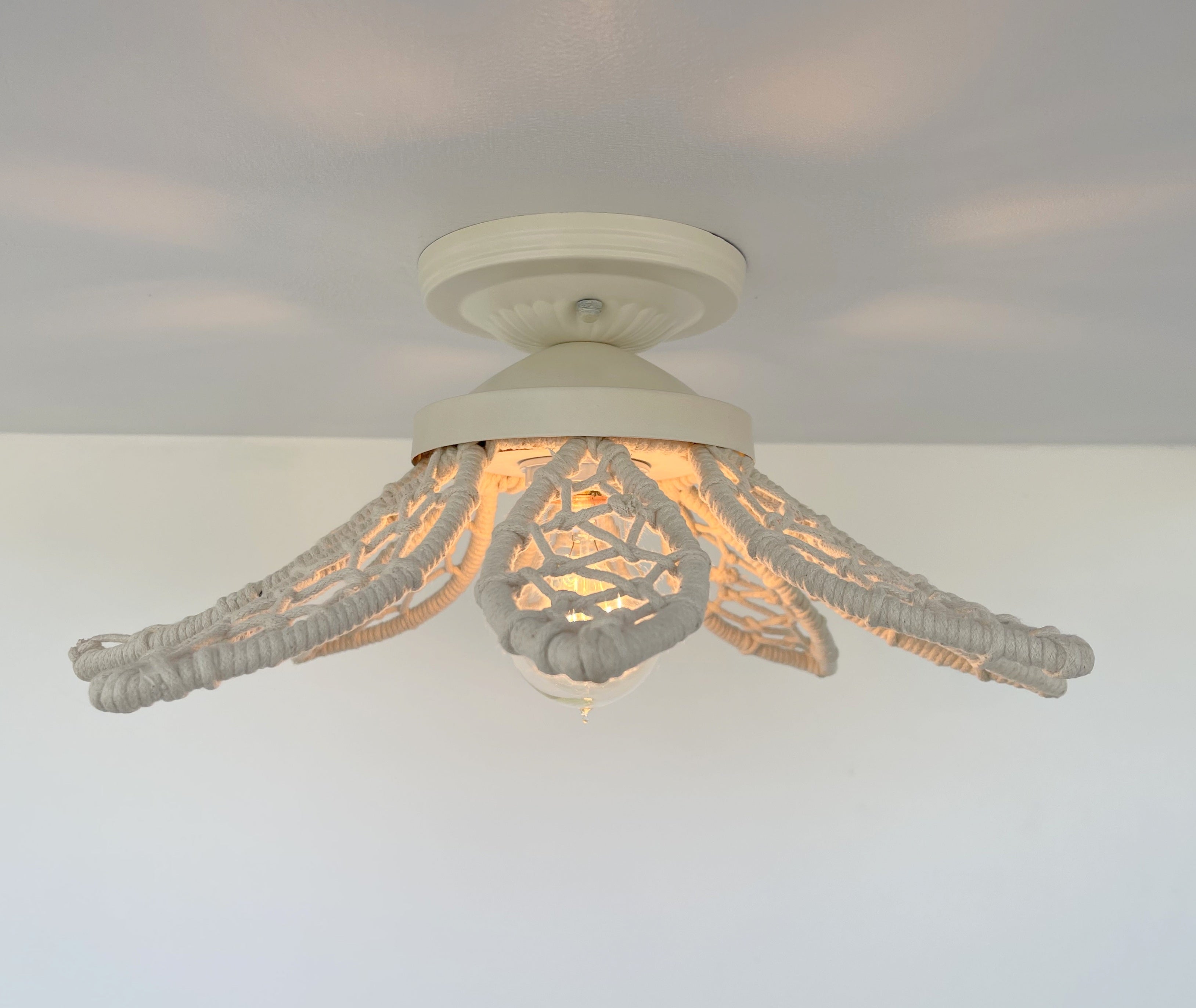 Ivory Natural Floral Ceiling Light Fixture Boho Jute Flush Mount For Living Rooms