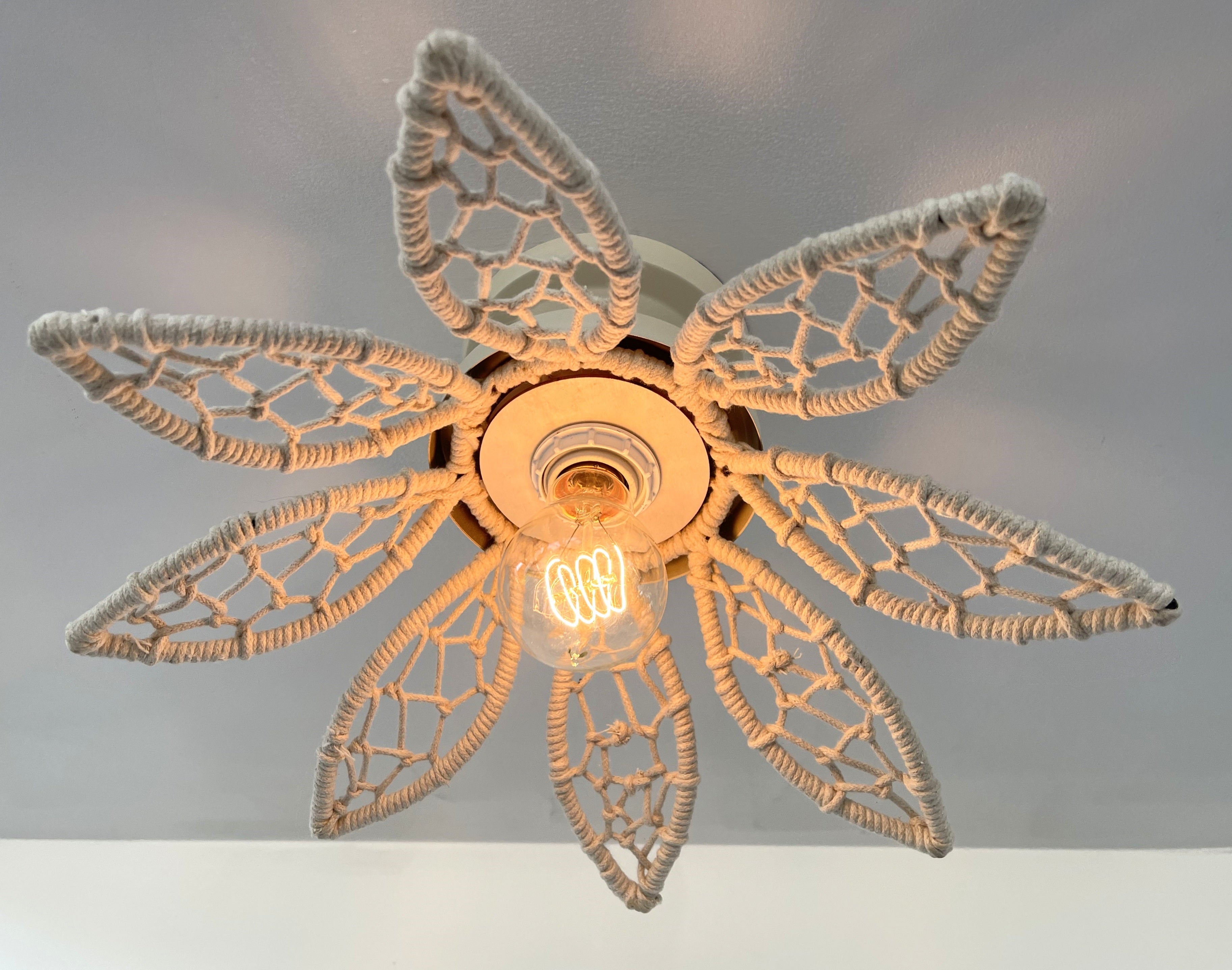 Ivory Natural Floral Ceiling Light Fixture Boho Jute Flush Mount For Living Rooms