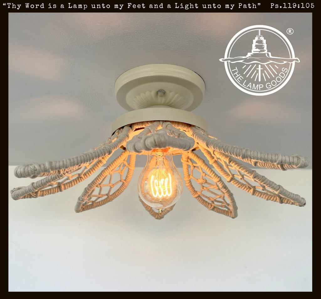 Ivory Natural Floral Ceiling Light Fixture Boho Jute Flush Mount For Living Rooms