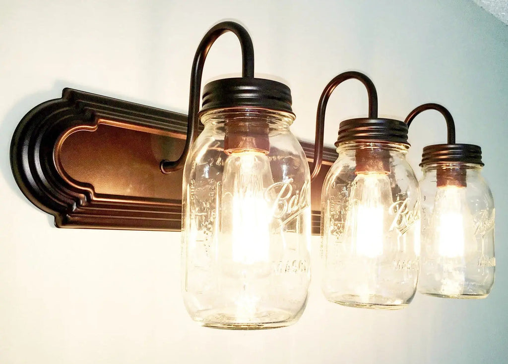 Mason Jar Vanity Light For Farmhouse Bathrooms Three Jar Shades Warm Ambience And Modern Glow