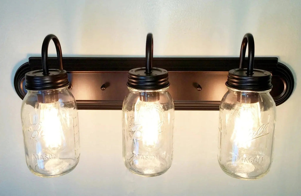 Mason Jar Vanity Light For Farmhouse Bathrooms Three Jar Shades Warm Ambience And Modern Glow