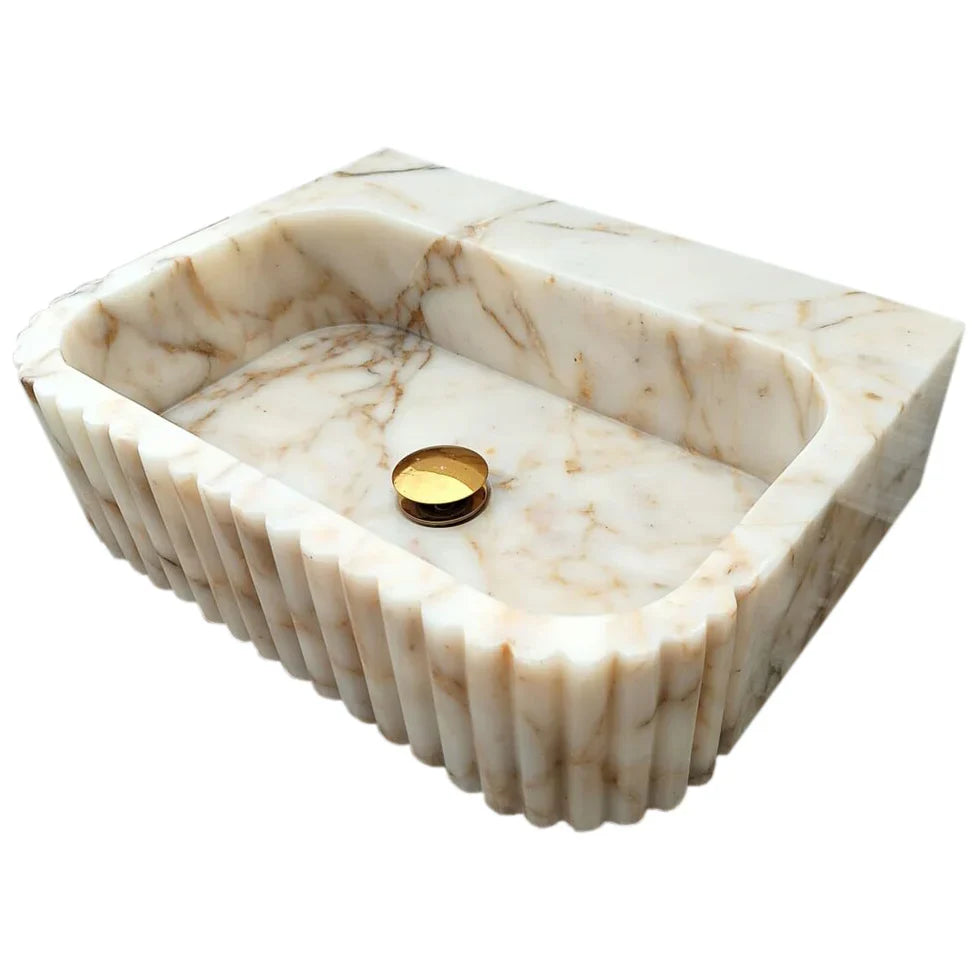 Calacatta Gold Marble Handcrafted Wall Mount Vanity Sink Fluted Rectangle 16W 20L 6H For Luxury Bathrooms