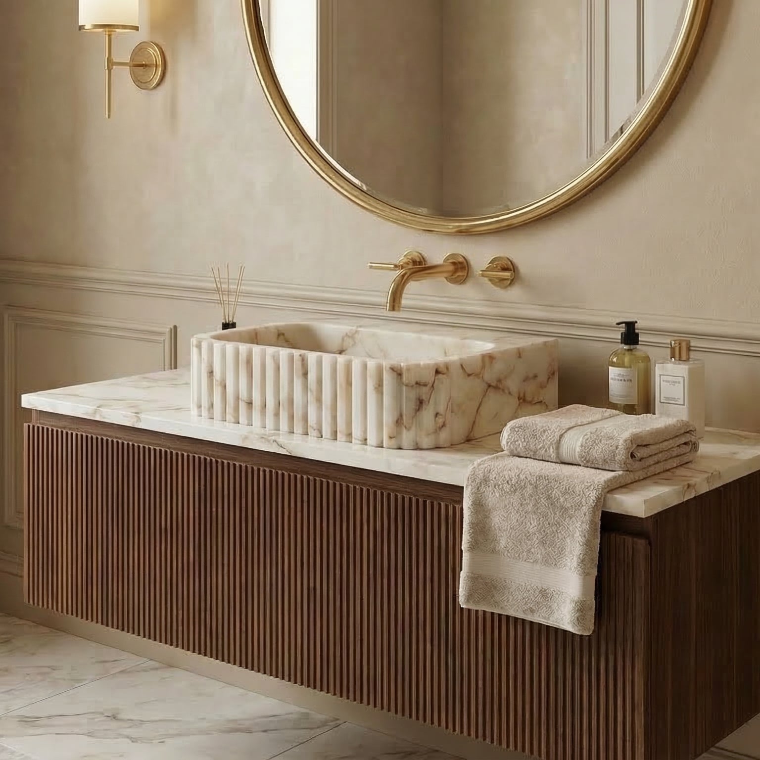 Calacatta Gold Marble Handcrafted Wall Mount Vanity Sink Fluted Rectangle 16W 20L 6H For Luxury Bathrooms