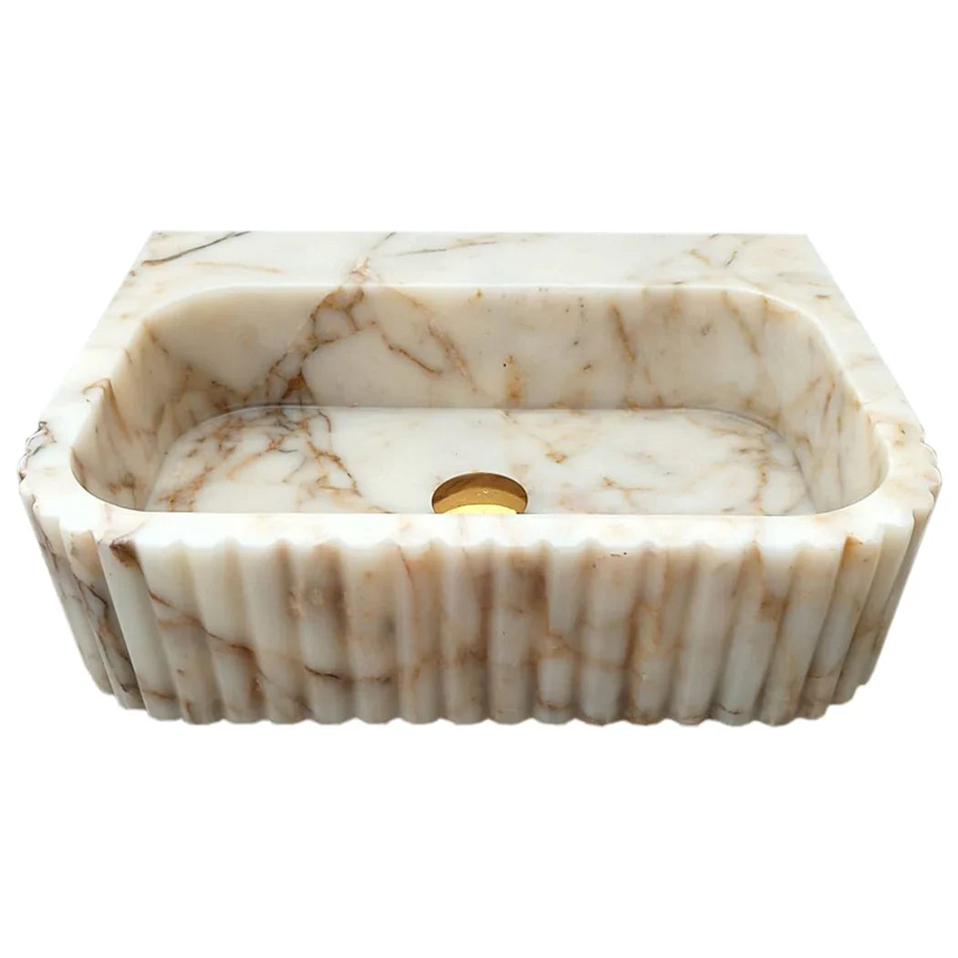 Calacatta Gold Marble Handcrafted Wall Mount Vanity Sink Fluted Rectangle 16W 20L 6H For Luxury Bathrooms