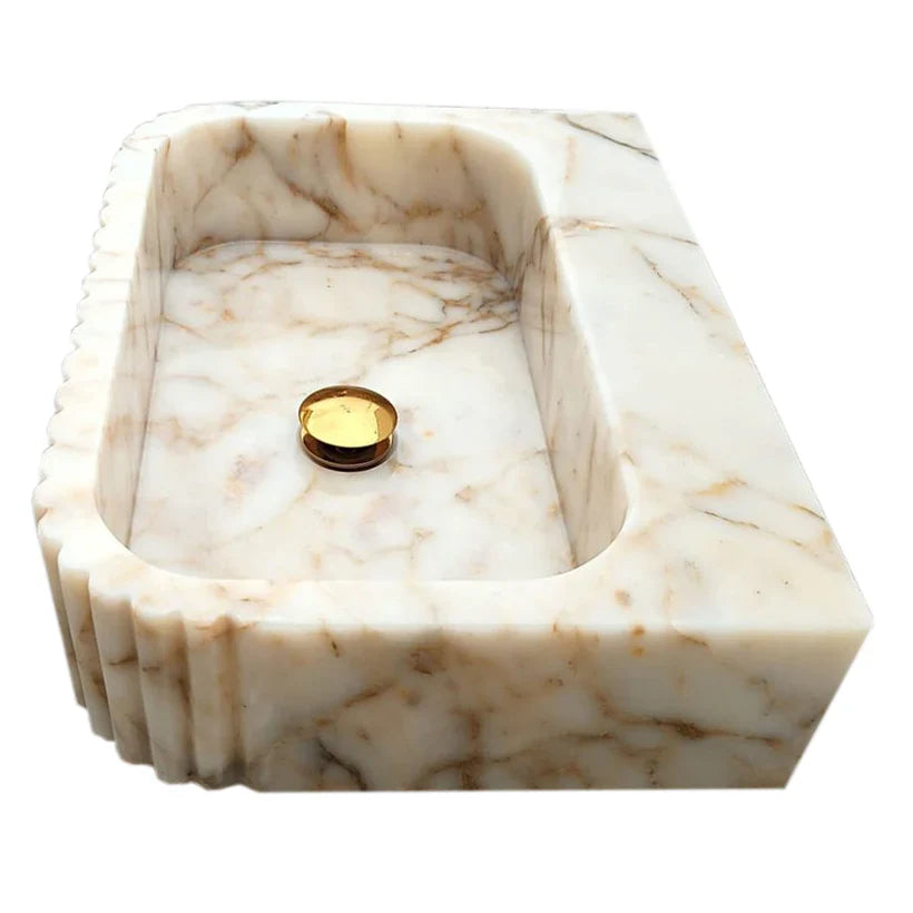 Calacatta Gold Marble Handcrafted Wall Mount Vanity Sink Fluted Rectangle 16W 20L 6H For Luxury Bathrooms