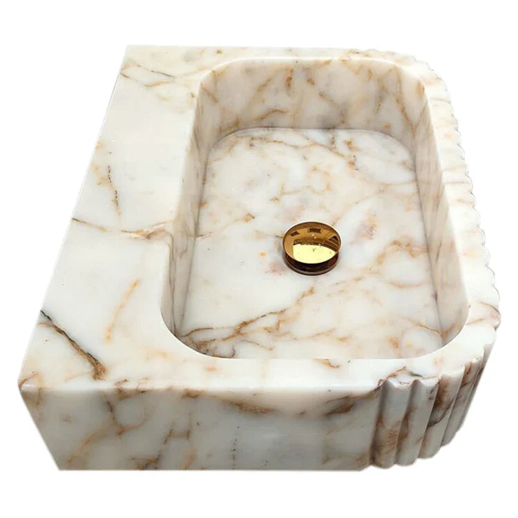 Calacatta Gold Marble Handcrafted Wall Mount Vanity Sink Fluted Rectangle 16W 20L 6H For Luxury Bathrooms